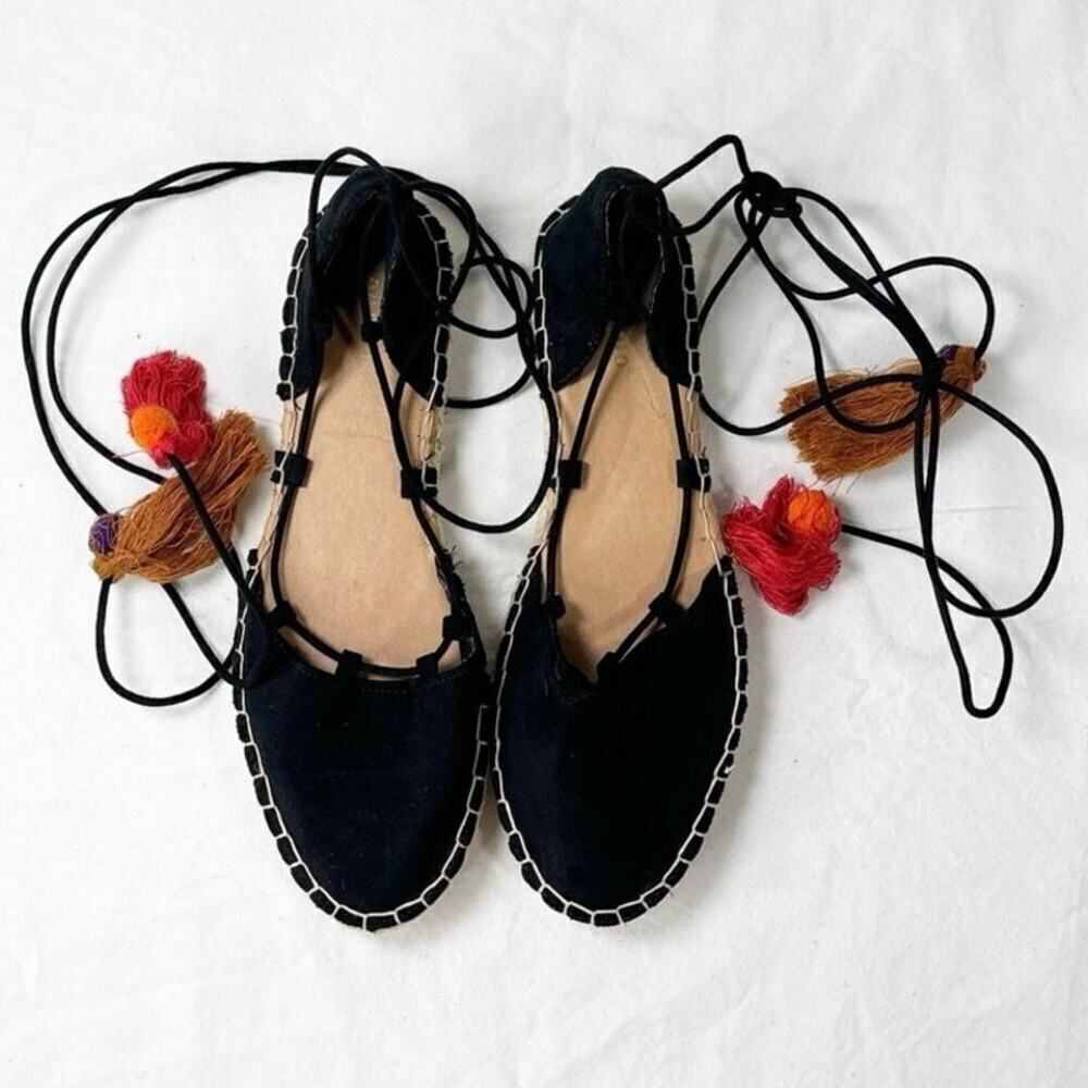 NWOT Bamboo Black Faux Suede Round Toe Lace Up Espadrille Flat Shoes Size 9 - Picture 3 of 5